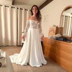 Off Shoulder Ivory Lace Long Sleeve A Line Wedding Dress (Jenny Yoo Bradley, 6)